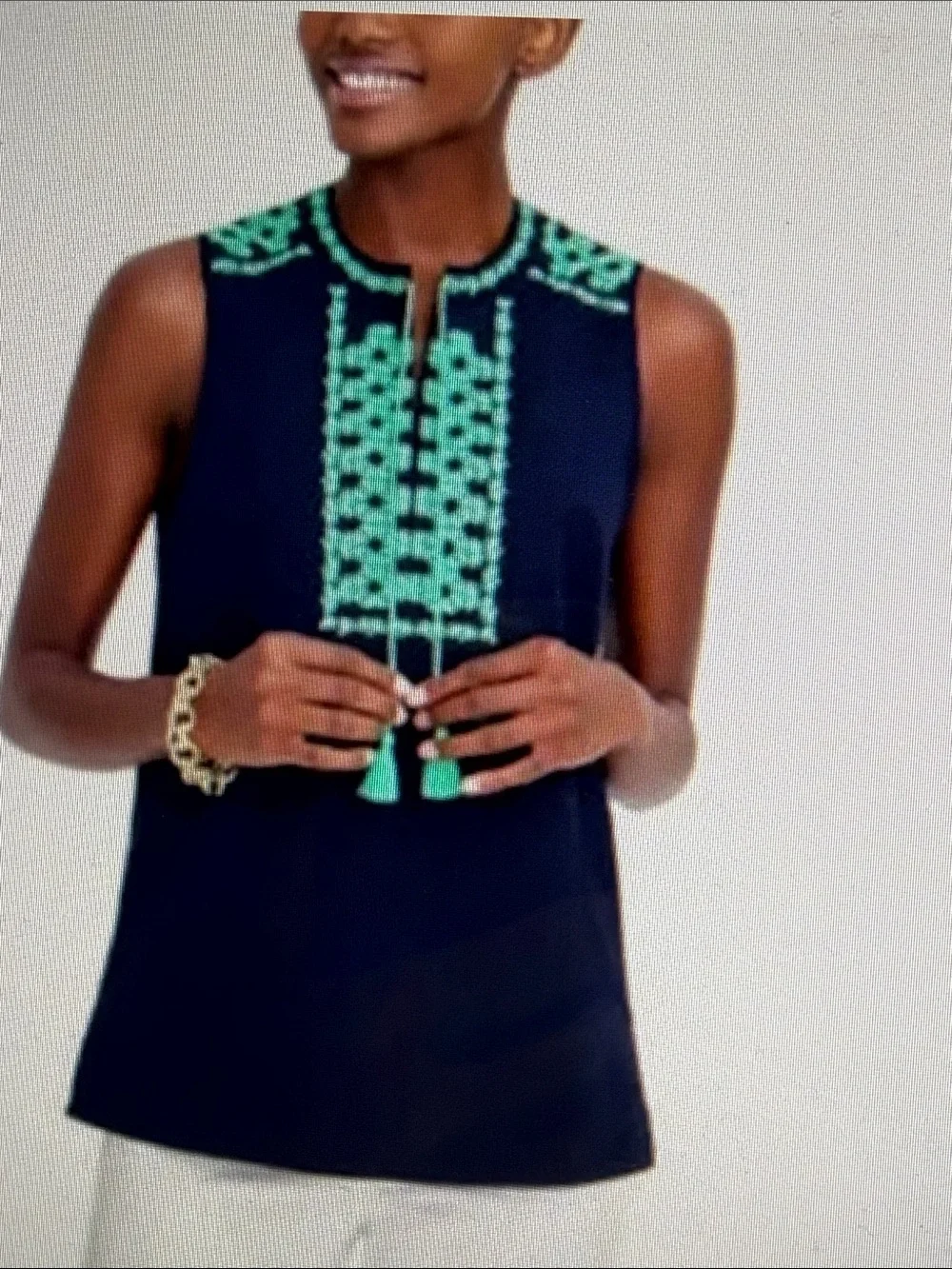 J. Crew Navy Tank Green Embroidered Front & Tassels Autumn Nautical Luncheon 10